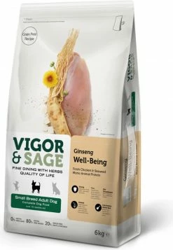 Vigor & Sage Vigor & Sage Ginseng Well Being Grain Free Small Breed Adult Dog, Met Kip & Zeewier